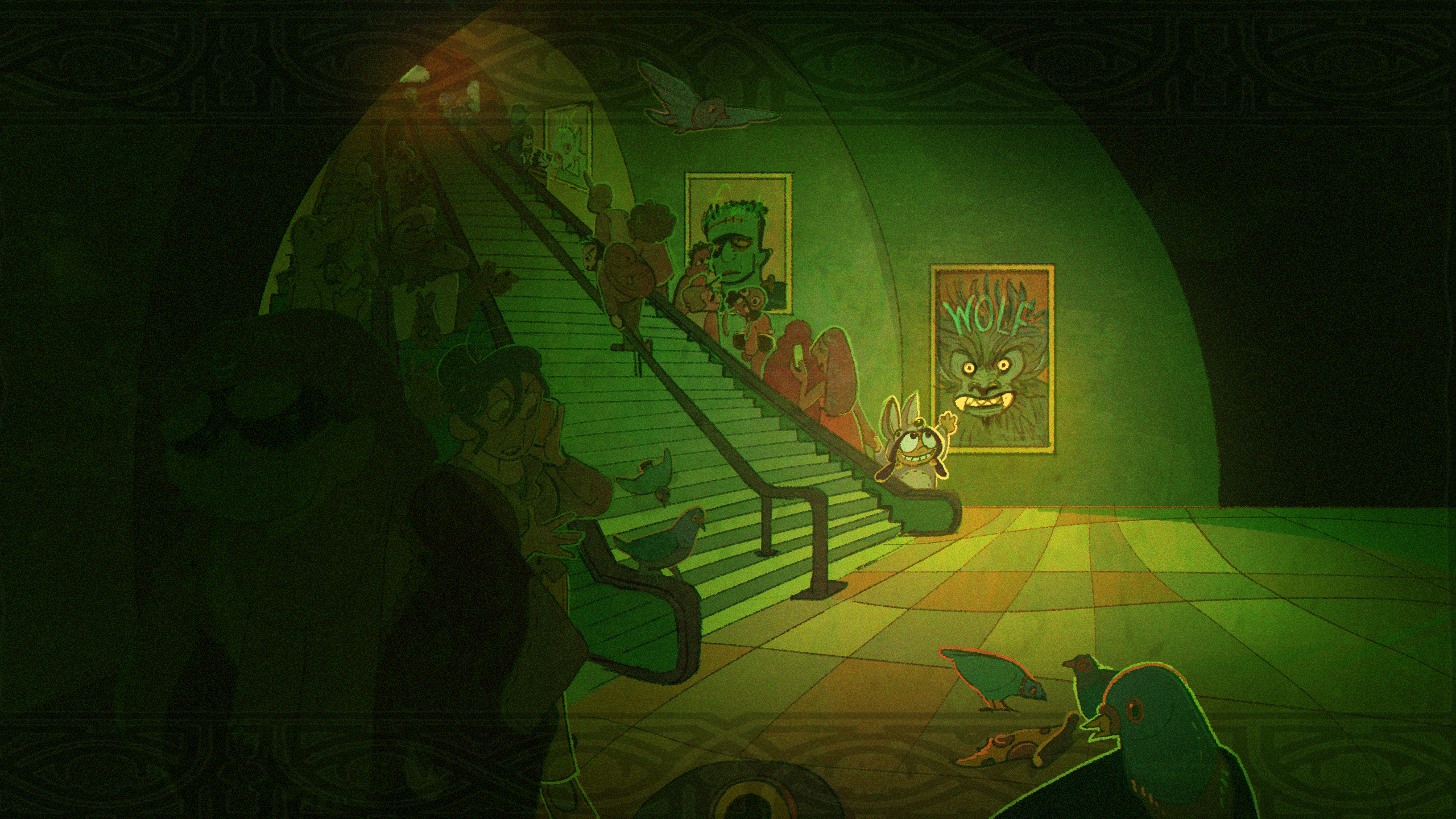 Young creature in a liminal area like a mall with an escalator, surrounded by books and monsters.